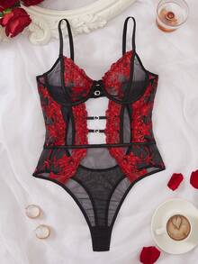 Seduluxe 女款性感花卉刺繡網紗連身褲 - 紅色 - 查看 3