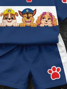 SHEIN | PAW Patrol 小男孩休閒簡約T恤套裝，經典配色拼接圖案印花，經典勇敢動畫圖案印花，Chase、Rubble、3D圖案印花，精緻徽章Logo圖案印花 - 彩色 - 查看 5