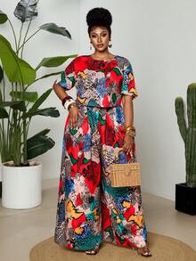 Maweii Plus Size Women's Summer Vintage Casual Snake Print Streetwear Short Top And Long Pants 2 Pieces Set - Multicolor - View 6