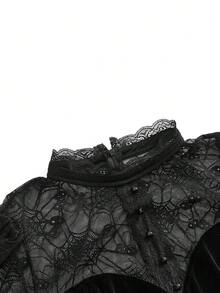 ROMWE Goth 深色性感蜘蛛網透視拼接天鵝絨 Cosplay 派對大尺碼收腰洋裝 生日禮服 - 黑色 - 查看 3