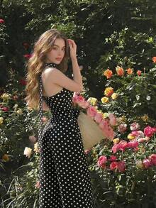 SHEIN MOD 女士时尚优雅波点印花连体裤 - 黑色 - 查看 2