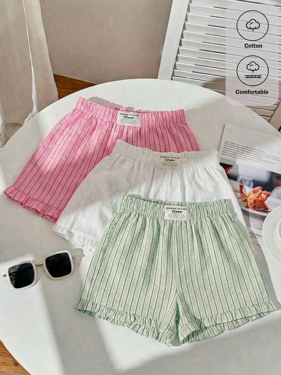 SHEIN EZwear 3件套女士夏季多巴胺色条纹宽松休闲荷叶边刺绣短裤套装,适合日常通勤、约会、派对、秋冬夏季、圣诞节、新年、感恩节、聚会、婚礼、海滩、毕业典礼、时尚、优雅、休闲、外出、约会、预订、通勤、闪亮、情人节、优雅、度假、休闲、Y2K、外出、毕业典礼等场合。 - 彩色 - 查看 1