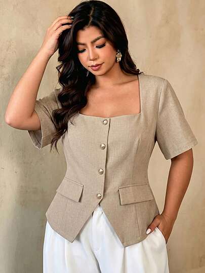 SHEIN Privé Plus Size Women's Spring/Summer Square Neck Metal Buckle Waist-Cinched Split Hem Exquisite Elegant Blouse Shirt