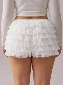 SHEIN PETITE CURVE 大码女式撞色蕾丝荷叶边短裤 - 白色 - 查看 2