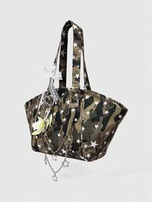 ROMWE Goth An American-Style Retro Camo Shoulder Bag With Star-Patterned Chains, Lace, And A Bow Embellishment For The Armhole. - Multicolor - View 2