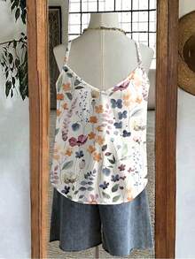 Mellowie Watercolor Floral Plus Size Women's Contrast Lace Camisole Tank Top - Multicolor - View 6