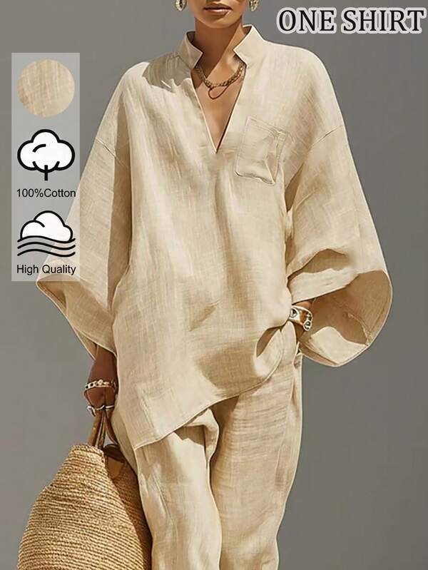 SHEIN Women's Khaki V-Neck Loose Batwing 3/4 Sleeve Cotton Blouse, Suitable For Daily Commute, Elegant Parties, Valentine's Day, Casual Tops, Khaki Shirt, Women's Resort Wear, Beach Holiday, Vacation Commuter Wear, Summer, Spring
