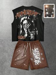 ROMWE MEN Street Life Men's Letter & Silhouette Print Top And Drawstring Waist Shorts Casual Everyday Set