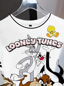 LOONEY TUNES X SHEIN 女士休闲字母动物印花短袖T恤，夏季 - 白色 - 查看 6