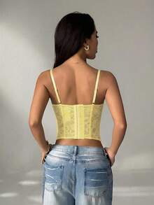 SHEIN PETITE 蕾絲透視束腰上衣 淡黃色 夏季 70年代風 舞廳夜店 派對迪斯可 無肩帶細肩帶上衣 可愛內衣式上衣 約會 通勤 小碼女款 - 鵝黃色 - 查看 2