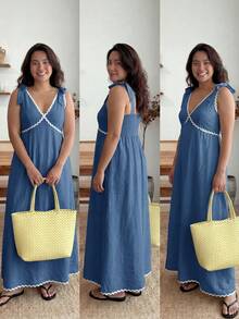 Enliva Plus-Size Women's Sleeveless Color Block Midi Dress Chic Summer Vacation Casual, For Apple And Rounded Body Shape - Blue - View 3