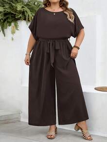 SHEIN CURVE+ 大尺碼女款純色圓領蝙蝠袖休閒寬腿連身褲 - 棕色 - 查看 7