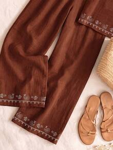 Rusticease Women's Minimalist Print Sleeveless Top And Pants 2 Pieces Set - Rust Brown - View 4