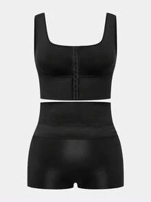 SHAPORA Plus Size Fashion Front Button Cropped Camisole Shapewear And Waist Cincher Shorts Set - Black - View 1