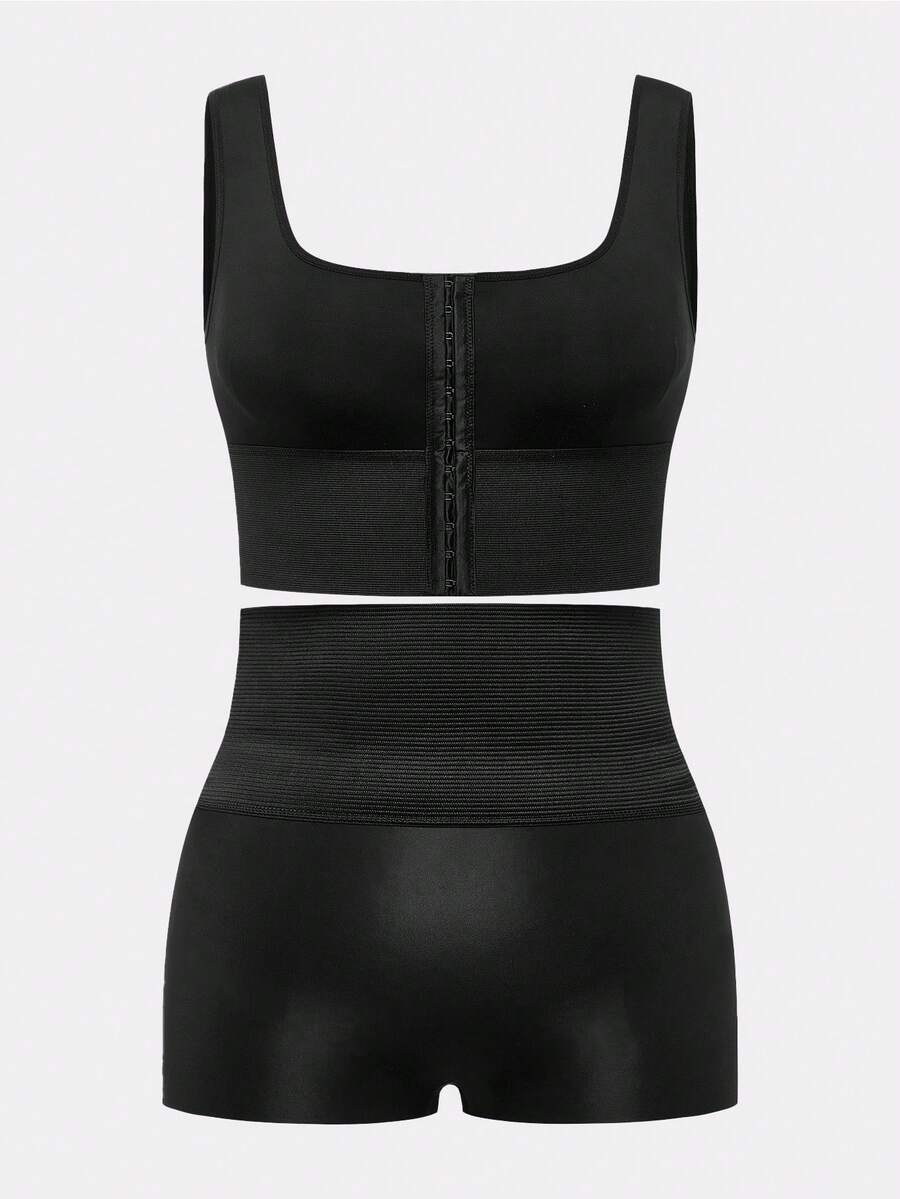 SHAPORA Plus Size Fashion Front Button Cropped Camisole Shapewear And Waist Cincher Shorts Set - Black - View 1