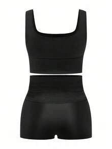 SHAPORA Plus Size Fashion Front Button Cropped Camisole Shapewear And Waist Cincher Shorts Set - Black - View 2