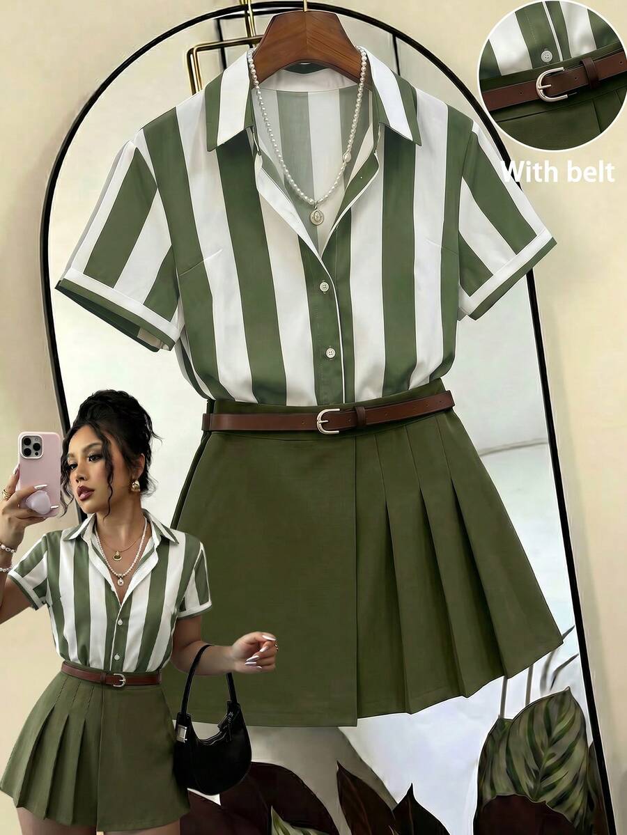 Franclia 女款條紋撞色短袖上衣與短褲休閒日常兩件套 - 軍綠色 - 查看 1
