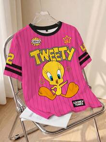 LOONEY TUNES X SHEIN 大码夏季休闲条纹卡通图案短袖T恤 - 白色 - 查看 1