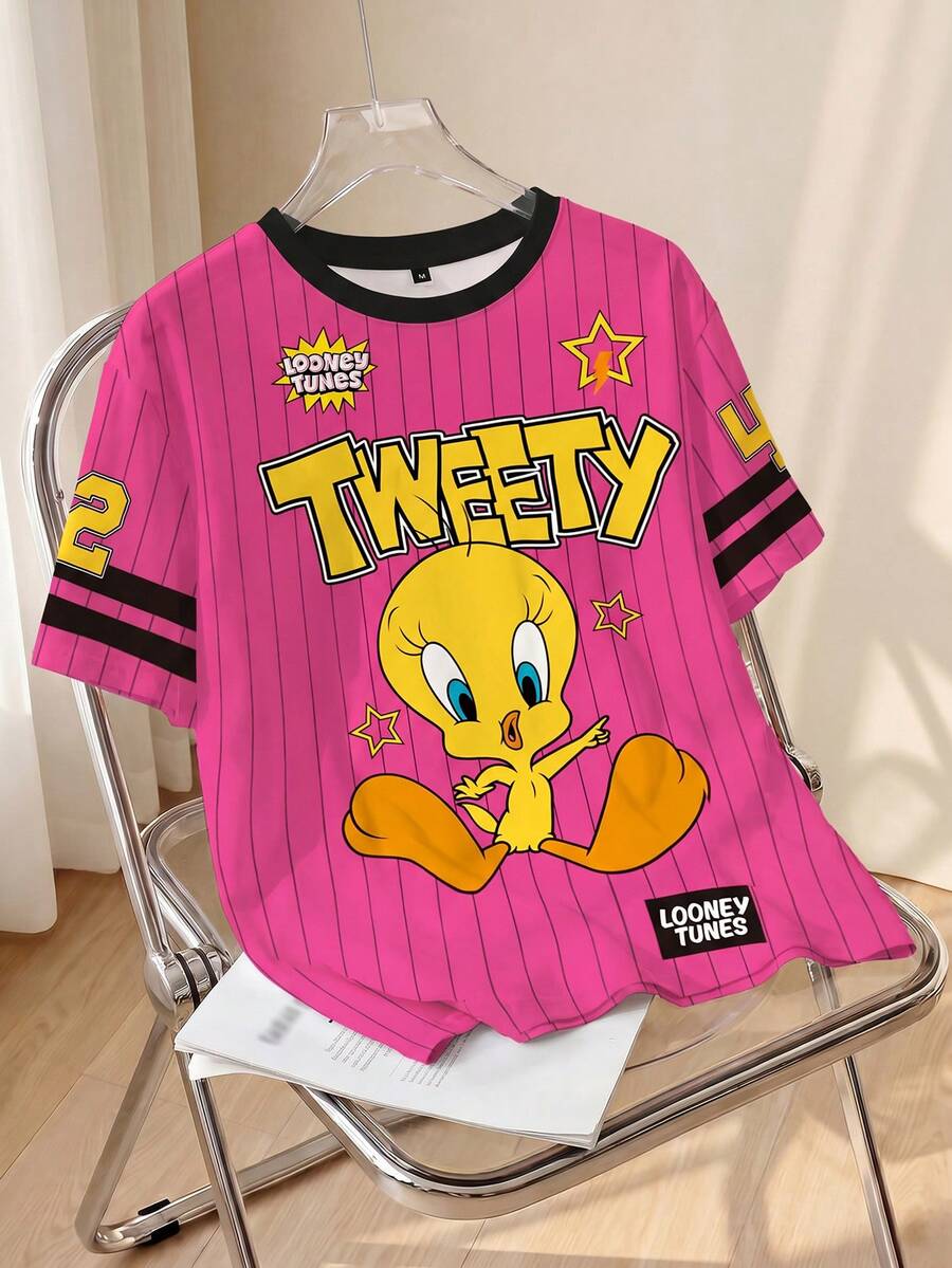 LOONEY TUNES X SHEIN 大码夏季休闲条纹卡通图案短袖T恤 - 白色 - 查看 1