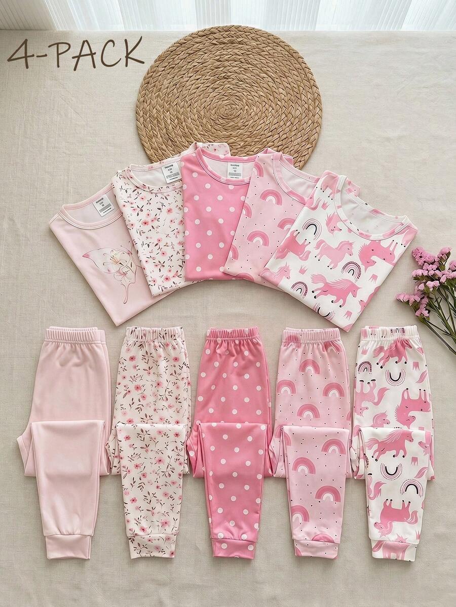 SHEIN 4件組女童幼兒簡約可愛粉色與杏色蝴蝶碎花高彈力羅紋面料圓領抽繩設計短袖與長褲舒適貼身居家服 - 粉色 - 查看 1