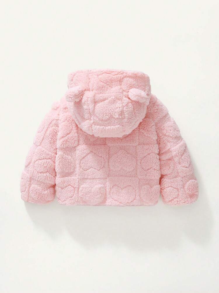 Cozy Pixies 女嬰時尚可愛保暖秋冬新款套裝，連帽粉色愛心圖案保暖內裡夾克與護肚長褲，中厚 2 件套 - 粉色 - 查看 2