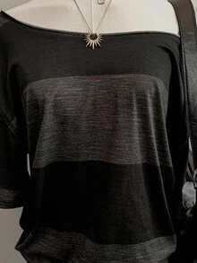 Attitoon Kaos Wanita Kasual Minimalis Garis-garis Hitam & Abu-abu 95% Katun Motif Cetak Penuh Bahu Asimetris Lengan Pendek Potongan Longgar Cocok untuk Musim Semi & Musim Panas - MultiWarna - View 5