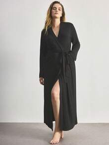 Ocili Leisure Comfortable Smooth Cotton Robe, Extra Long Chic Autumn Slumber Loungewear, Plus Size Sleepwear - Black - View 7