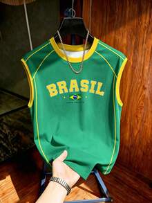 Manfinity Campus Court 男士復西隊足球背心，美國 BRASIL 10 印花無袖時尚運動上衣，夏季休閒運動背心，足球用品，度假 - 彩色 - 查看 3