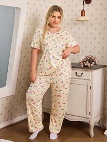 CottageSlumber Lettuce Edge Ditsy Floral Short Sleeve Long Pants Plus Size Women's Pajama Set - Yellow - View 3