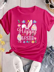 Easter Silent Letter Rabbit Gaster Print Loose Fit Short Sleeve Casual Round Neck T-Shirt, Suitable For Daily Wear, Plus Size Women - Hot Pink - View 1