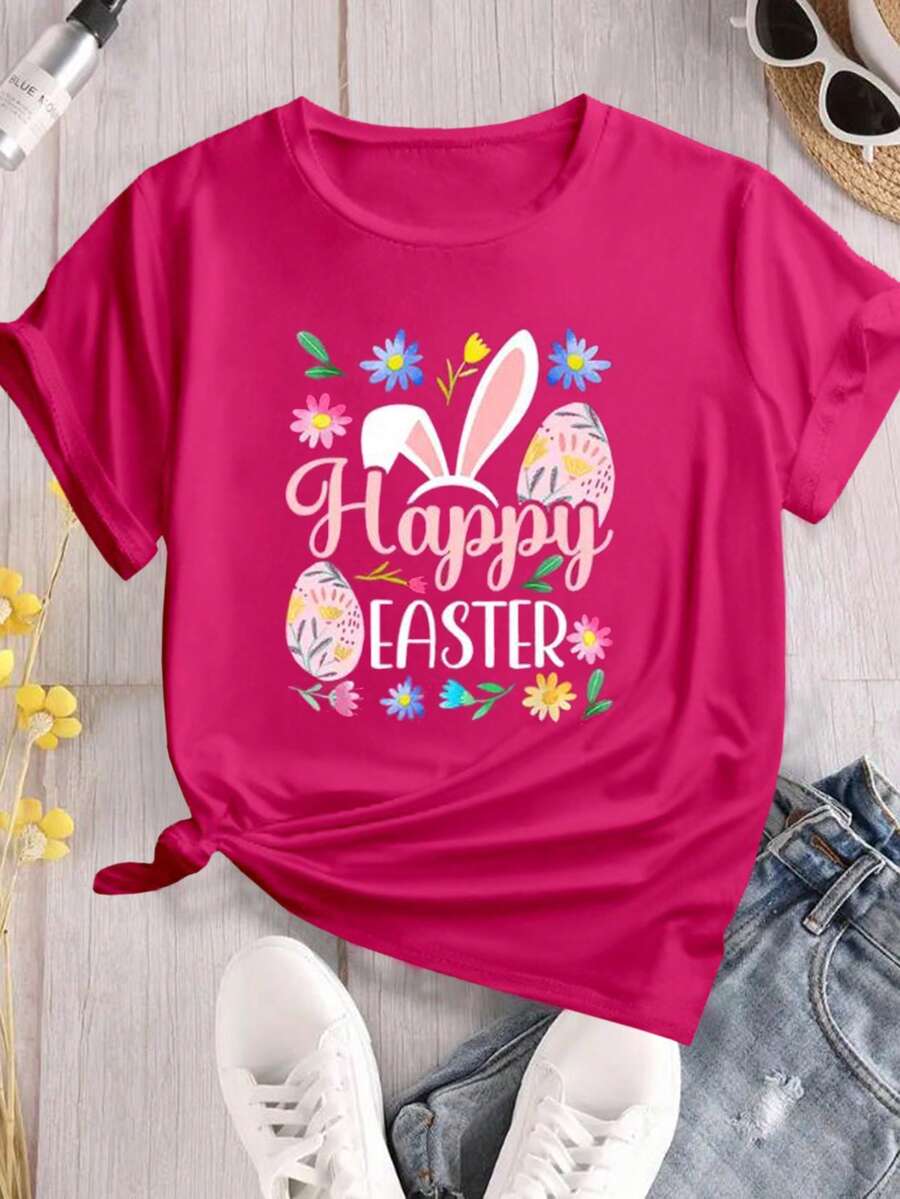 Easter Silent Letter Rabbit Gaster Print Loose Fit Short Sleeve Casual Round Neck T-Shirt, Suitable For Daily Wear, Plus Size Women - Hot Pink - View 1
