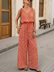 Brillora Women's Beach Vacation Sleeveless Wide Leg Jumpsuit With Allover Print, Spring/Summer - Red - View 3