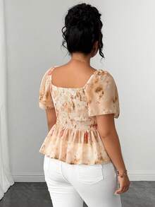 Elenzga Women's Plus Size Sweetheart Collar Ruffle Sleeve Ruched Waist Ruffle Hem Chiffon Print Elegant Blouse - Light Yellow - View 2