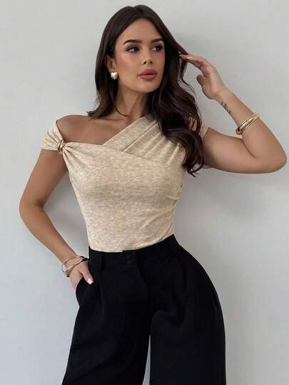 Firerie Spring/Summer New Minimalist Elegant Daily Commute Asymmetric Shoulder Cross Wrap Metal Trim Waist-Cinching Ruched Floral Yellow-Grey Slim-Fit Bodysuit T-Shirt