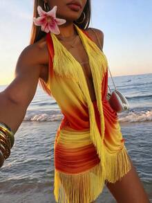Soleia Women's Orange And Yellow Halter Backless Tassel Design Fashion Date Night Out Party Mini Dress Summer - Burnt Orange - View 11