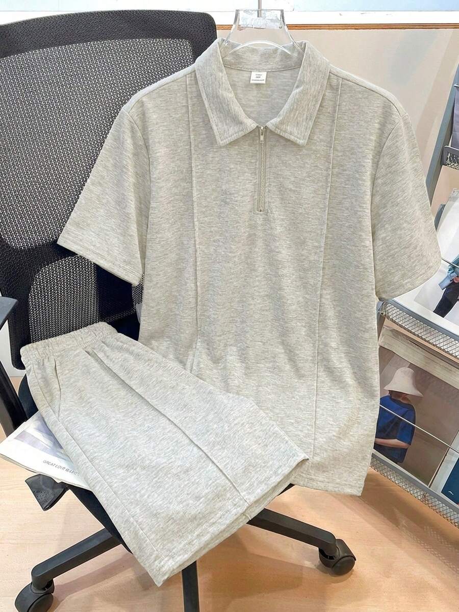 SHEIN Teen Boy Grey Summer Streetwear Family Matching Loose Casual Knitted Polo Shirt And Shorts 2 Pieces Set,Turn Down Collar Solid Short Sleeve Outfits - Grey - View 1
