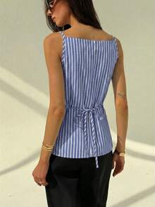 Aloruh Women's Elegant Square Neck Sleeveless Striped Lightweight Blazer Vest - Blue - View 3