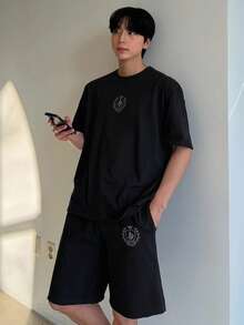 DAZY Summer Letter Print Black Short Sleeve T-Shirt And Shorts Set For Men - Black - View 3