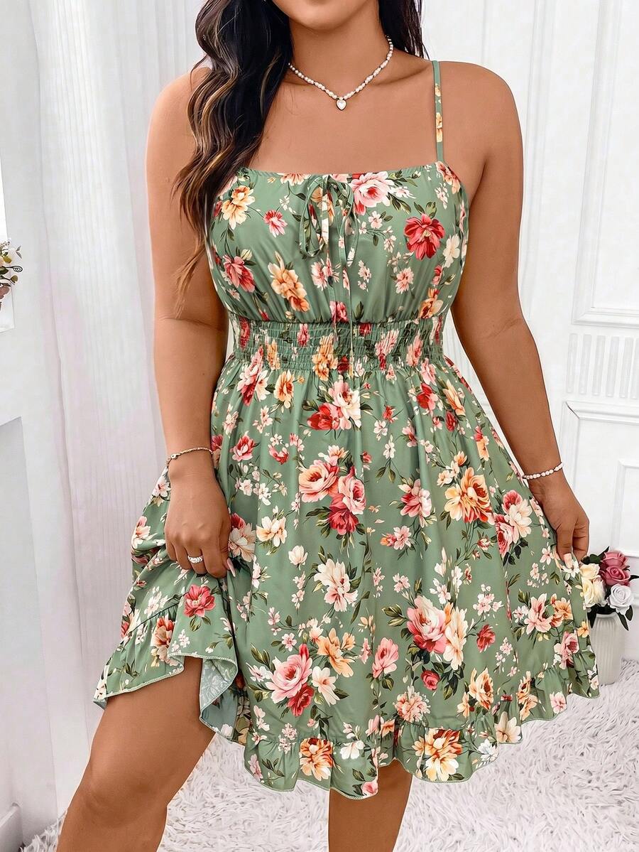 Elenzga Plus Ditsy Floral Print Tie Front Ruffle Hem Cami Dress Vacation Beach Outfits Women - Green - View 1