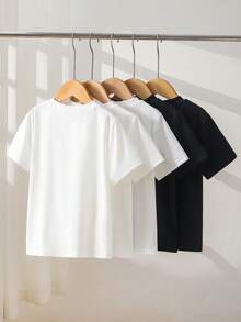 5pcs/Set Boys Fashionable Comfortable Knitted Fabric Pure White And Black Short Sleeve Crew Neck T-Shirt, Comfortable Fabric, Fashionable Fit, Spring/Summer New Style, Suitable For Multiple Seasons And Occasions - Black and White - View 2