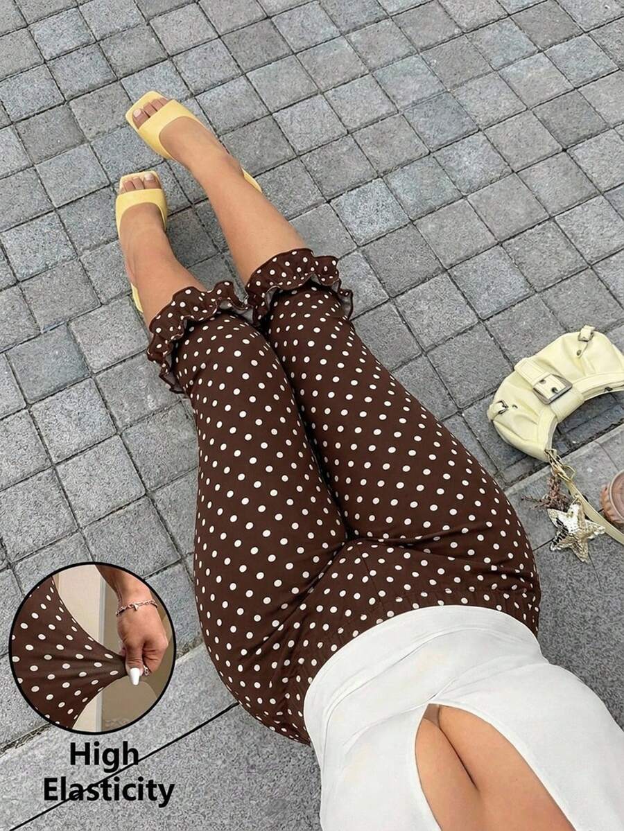 GalTyme 大尺碼休閒百搭棕色圓點圖案荷葉邊內搭褲，適合日常通勤、約會、派對、秋冬夏季、聖誕節、新年、感恩節、派對、婚禮、海灘、畢業典禮、時尚、優雅、休閒、外出、約會、預約、通勤、亮面、情人節、優雅、度假、休閒、Y2