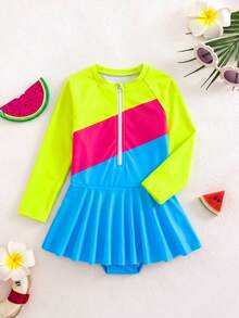 SHEIN Kids Young Girl Contrast Color Half Zip One-Piece Long Sleeve Swimsuit - Multicolor - View 2