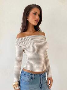 Aloruh Apricot Striped Knit Long Sleeve Fitted T-Shirt Top With Off-Shoulder - Apricot - View 7
