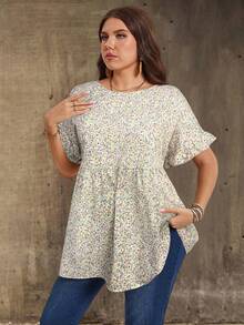 EMERY ROSE Plus Size Floral Print Round Neck Ruffle Hem Casual Boho Short Sleeve Shirt, Summer Vacation Beige - Yellow - View 4