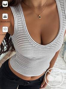 DAZY Summer Striped Built-In Padded Casual V-Neck Tank Top Women's Base Layer - Grey - View 1