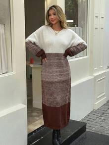 Color Block Drop Shoulder Sweater, Long Sleeve Sweater Dress - Multicolor - View 4