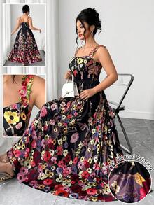 Elenzga Plus Size Women's Spaghetti Strap Dress, Elegant Lady Style Evening Gown, Waist Cinching, Slimming - Black - View 1