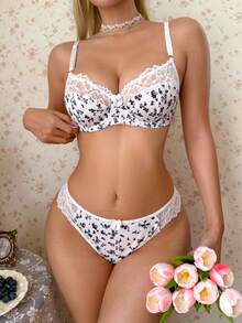 CottageSlumber 2pcs Lace Patchwork Printed 3D Bow Decor Bra And Panty Set - Black and White - View 5
