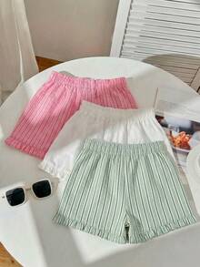 SHEIN EZwear 3件套女士夏季多巴胺色条纹宽松休闲荷叶边刺绣短裤套装，适合日常通勤、约会、派对、秋冬夏季、圣诞节、新年、感恩节、聚会、婚礼、海滩、毕业典礼、时尚、优雅、休闲、外出、约会、预订、通勤、闪亮、情人节、优雅、度假、休闲、Y2K、外出、毕业典礼等场合。 - 彩色 - 查看 2