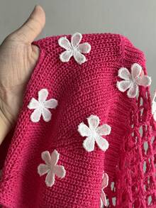 Maweii Plus Size Women's Knitwear, Knitted Top, Halter, Deep V Neckline, Asymmetric Hem, Flowers, Crochet Flowers, Openwork, Tassels, Fitted, Sexy, Women's Daily Commuting Top, Women's Clothing, Summer, Spring, Autumn, Vacation, Casual - Hot Pink - View 8